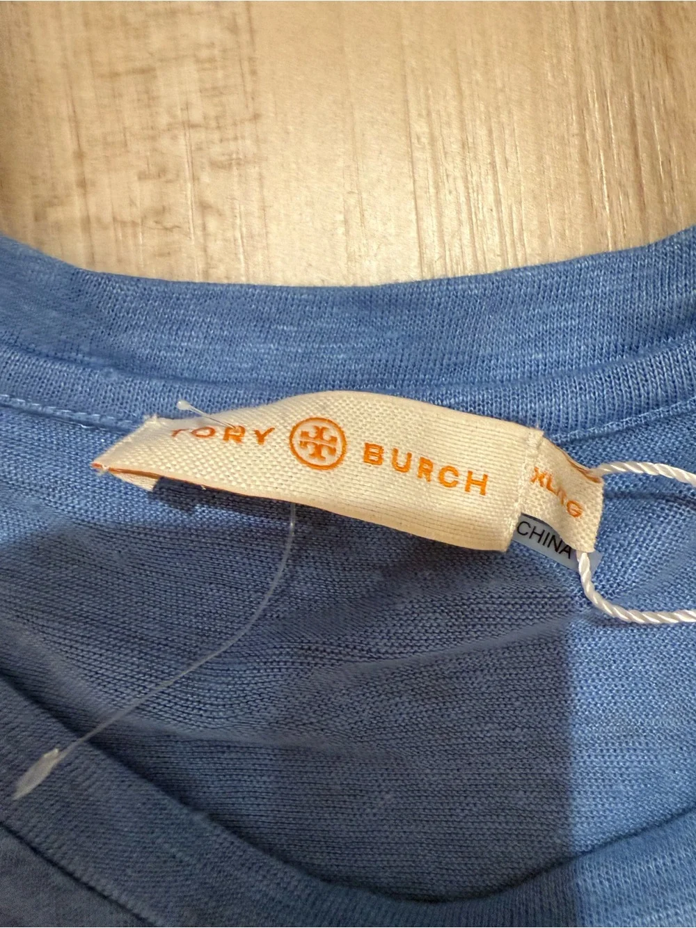 Tory Burch Blue Crewneck Top with Orange Logo Tag - Picture 2 of 4